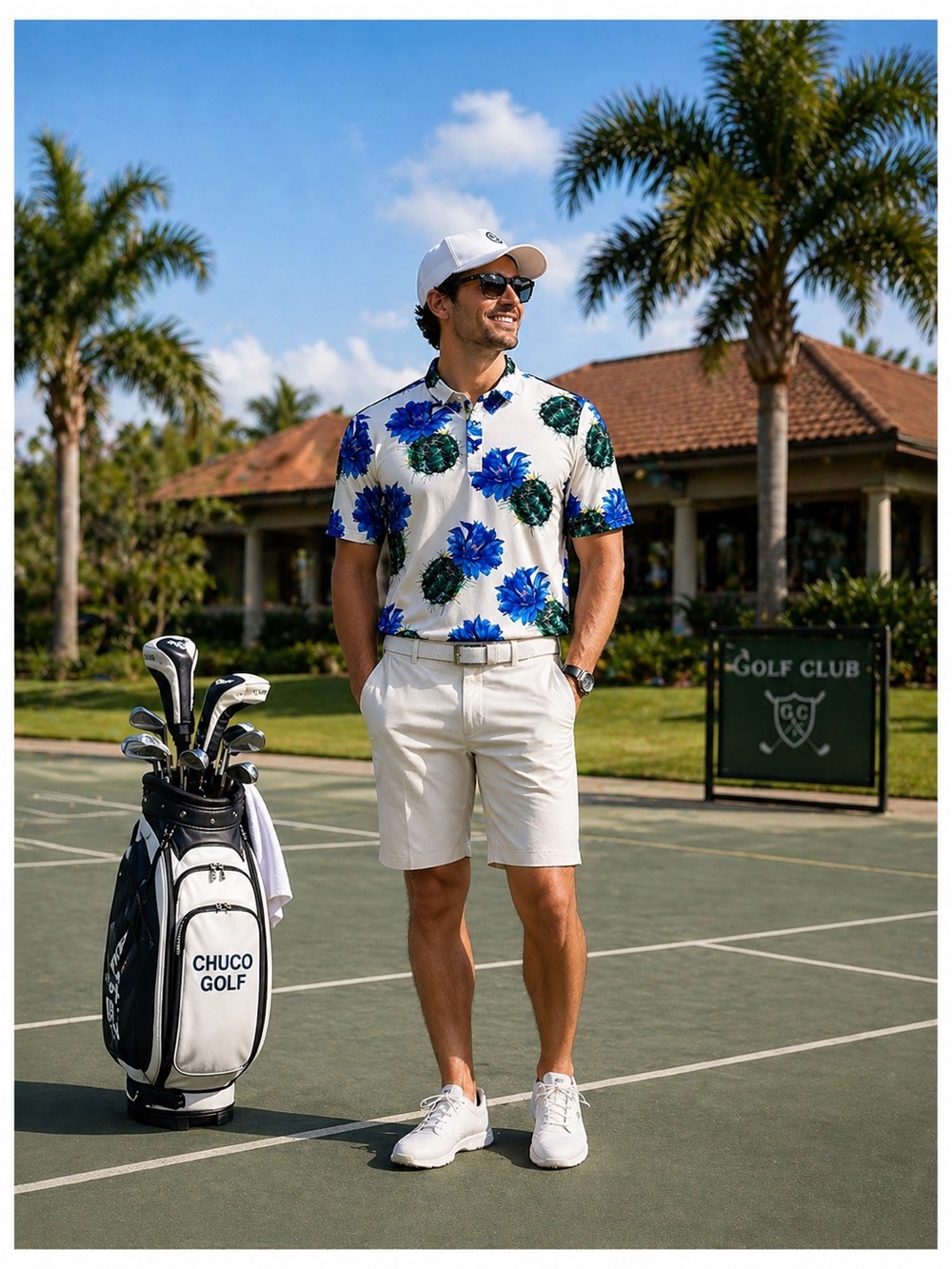 Chuco Golf Cactus Print Performance Polo White Blue UPF 50+ Sz M